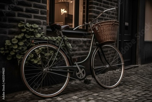 A bicycle against a brick wall with front and back baskets on the front wheel. Generative AI
