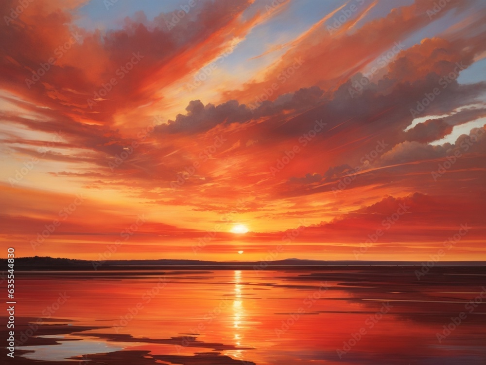 The sun slowly descends, its light stretching out across the horizon, painting the sky in a spectrum of oranges and reds.