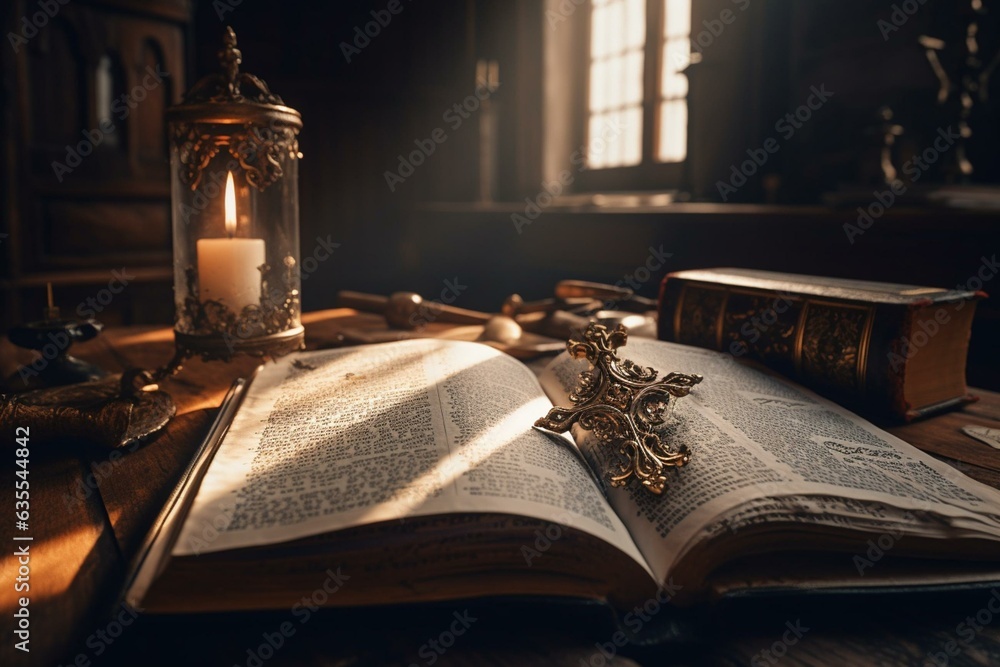 A divine atmosphere with a Christian cross above an open bible, invoking ancient mysticism and biblical miracles. Generative AI