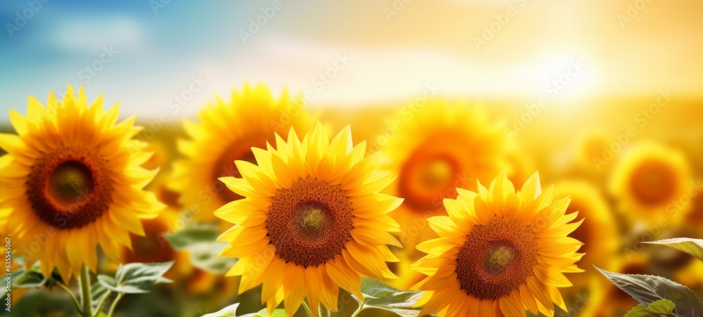 Obraz premium Summer sunflower flower background banner - Closeup of blooming sunflowers on field (Generative Ai)