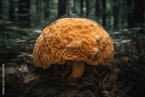 A stunningly beautiful large lion's mane mushroom found in the forest. Generative AI photo