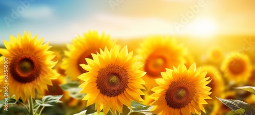 Summer sunflower flower background banner - Closeup of blooming sunflowers on field (Generative Ai)