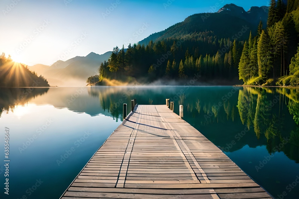 A wooden path on lake and mountains generated by AI tool A wooden path on lake and mountains generated by AI tool