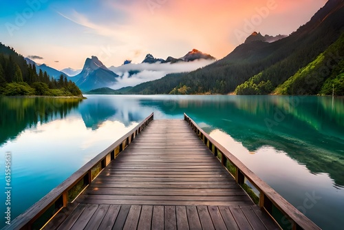 A wooden path on lake and mountains generated by AI tool