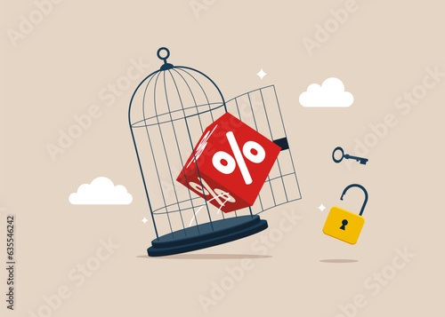 Cube block with percentage symbol icon with key free himself from cage. Interest, financial and mortgage rates. Vector illustration