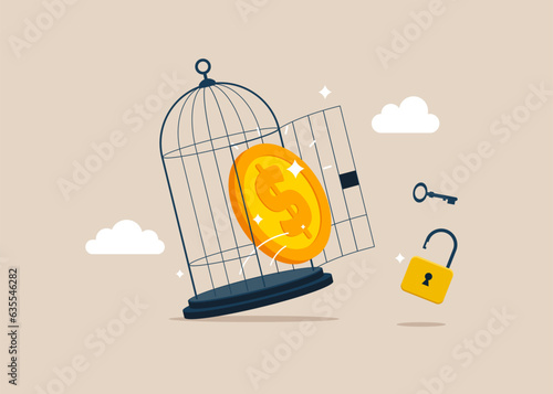 Financial freedom. Dollar with key free himself from cage. Modern vector illustration in flat style 