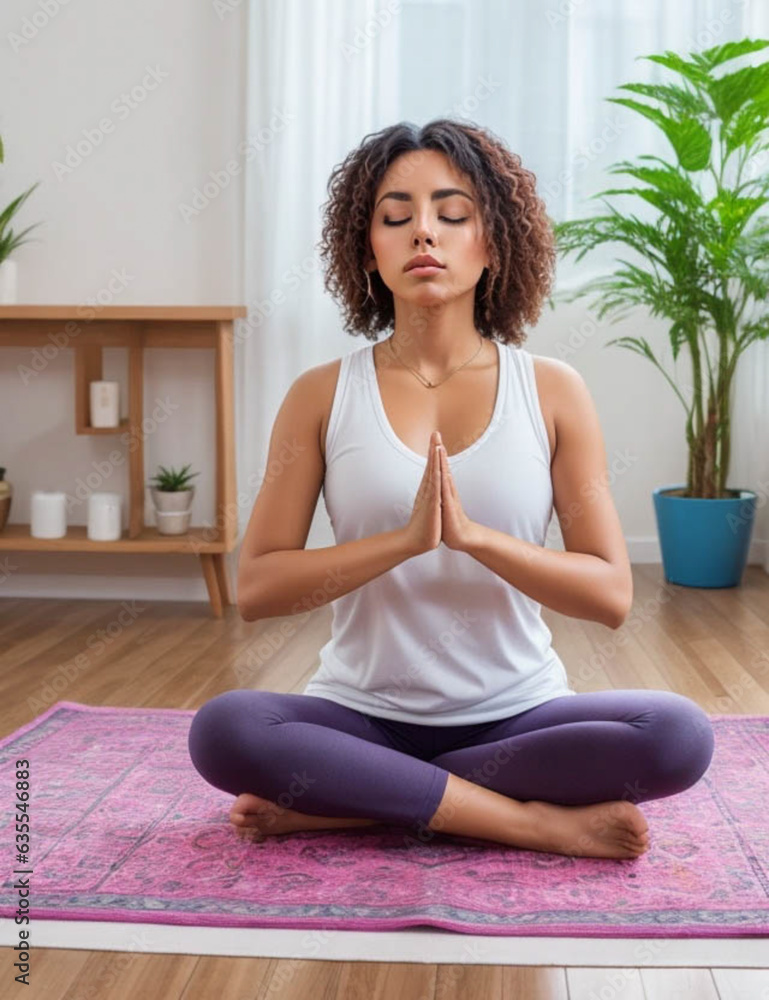Young calm fit healthy African black woman sitting on floor at home doing yoga breathing exercise, meditating learning online training virtual class on computer. Exercises for mental health concept. Young calm fit healthy African black woman sitting on floor at home doing yoga breathing exercise, meditating learning online training virtual class on computer. Exercises for mental health concept.