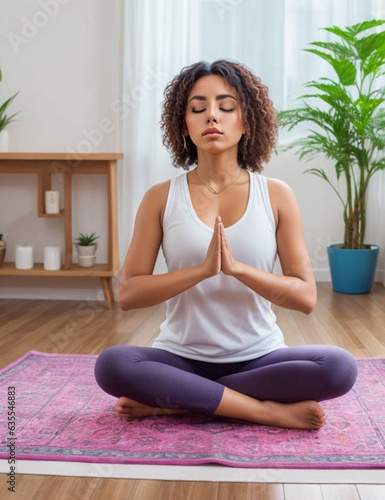 Young calm fit healthy African black woman sitting on floor at home doing yoga breathing exercise, meditating learning online training virtual class on computer. Exercises for mental health concept.