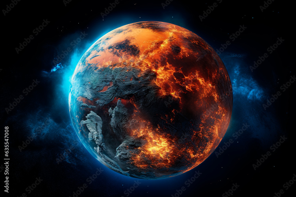 Planet Earth burning in flames because of the planet warming or for the fires from the space. Concept: Global warming will increase the planet temperature. Generative ai. - obrazy, fototapety, plakaty 