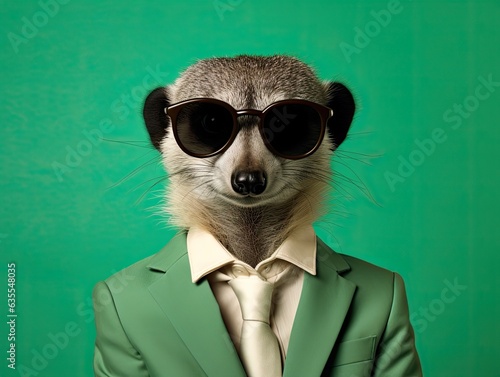 Portrait of a cute posing stylish meerkat in vibrant business suit wearing sunglasses, light green background