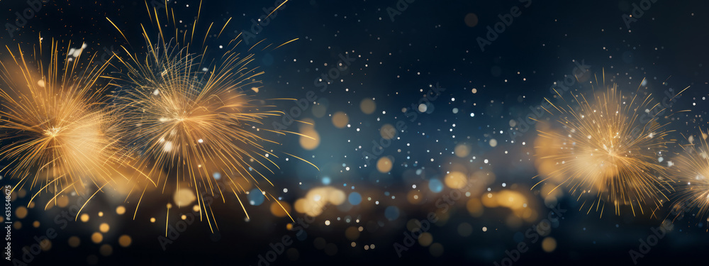 Happy New Year 2024, Silvester New Year's Eve firework party celebration holiday greeting card  - Gold fireworks and golden bokeh lights on dark night background (Generative Ai)