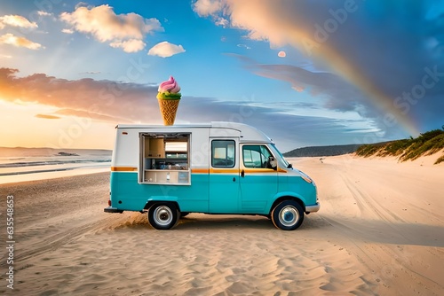 Ice cream truck is parked on the beach with a cone on top of it's roof and a lot of ice cream in the back of it's windows, and a blue sky with clouds.