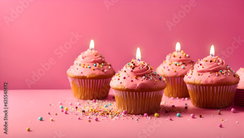 Muffins  candles  aalaw and sprinkles on the corner of pink background  Empty Copy Space  Generative AI