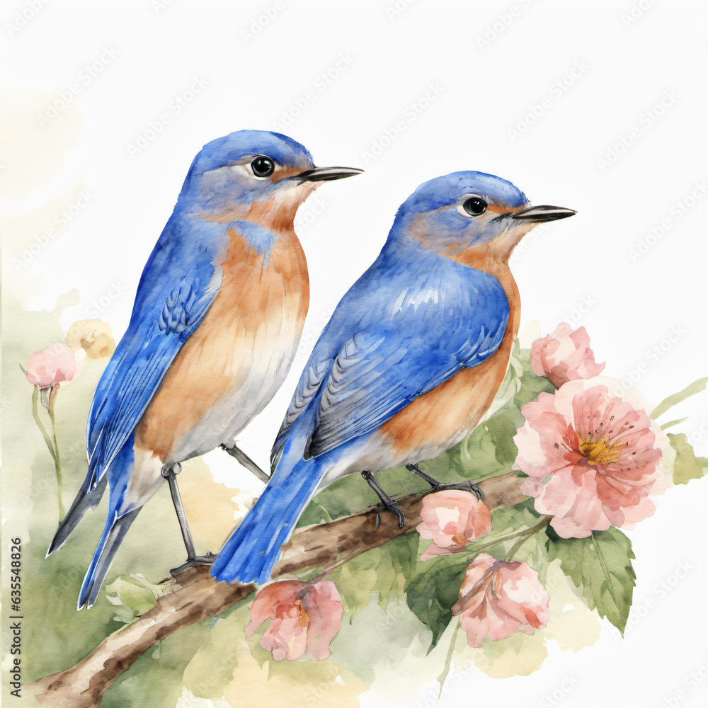 A Pair of Beautiful Watercolor Eastern Bluebirds