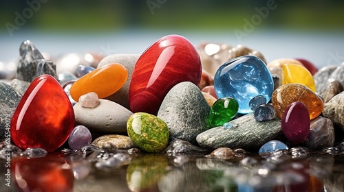 Various stones, minerals and gems. Natural background. Illustration for brochure, cover, poster, presentation, flyer or banner. photo