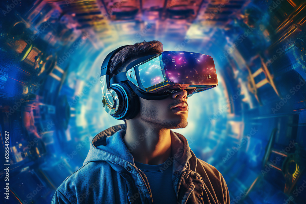 Generative ai collage photo of person using gadget for virtual reality Generative ai collage photo of person using gadget for virtual reality