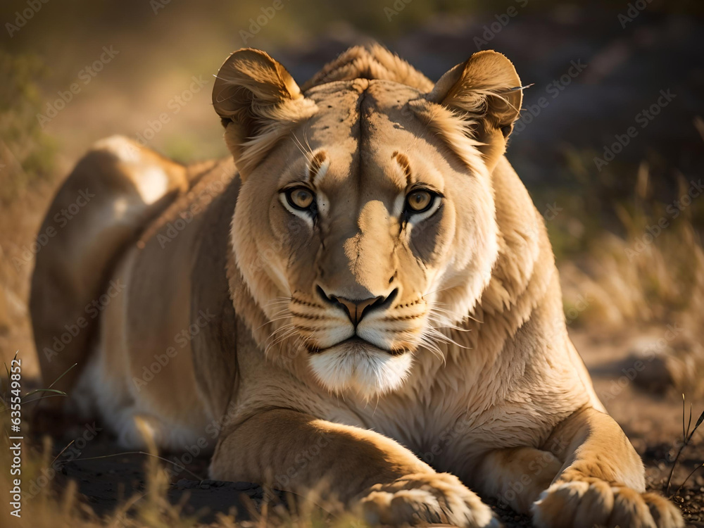 Obraz premium Portrait of a lioness in the wild, close-up, her intense gaze piercing through the lens. Generative AI
