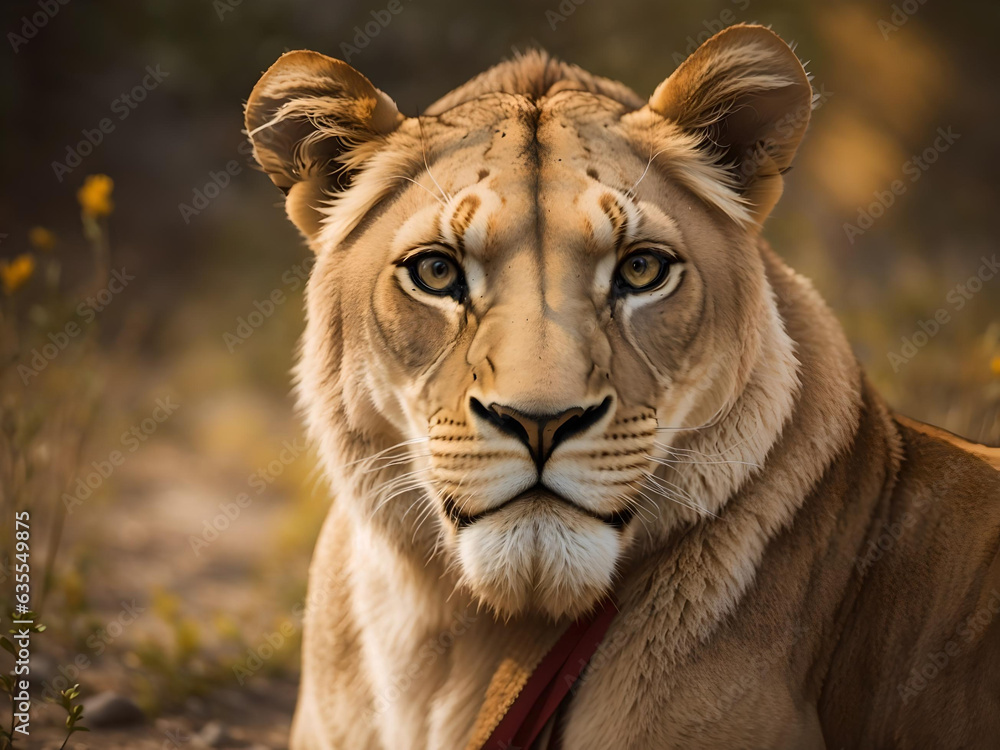 Portrait of a lioness in the wild, close-up, her intense gaze piercing through the lens. Generative AI