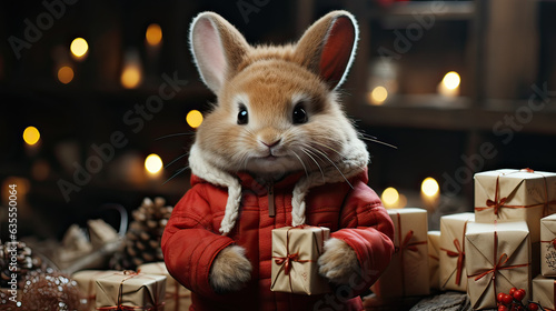 Happy lovely bunny in Zanta dress holding red gift box Christmas in Living room with Chrismas tree background.  Generative AI