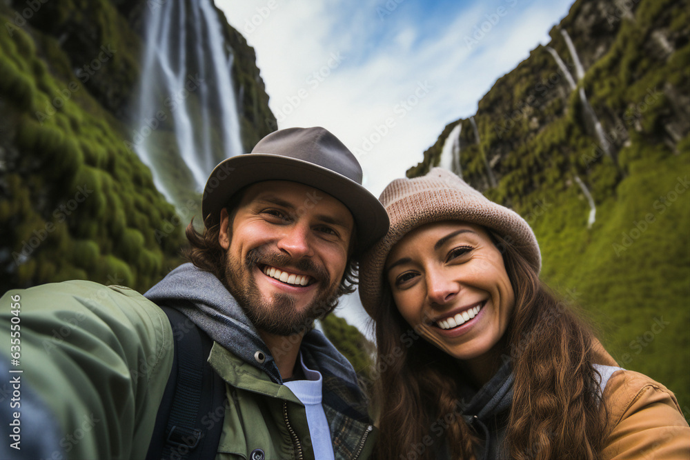 Generative AI self portrait of young funny couple traveling together making selfies beautiful landscape near waterfall peak