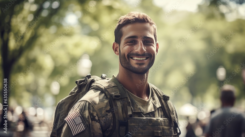 Happy young soldier smiling cheerfully created with Generative AI technology Happy young soldier smiling cheerfully created with Generative AI technology