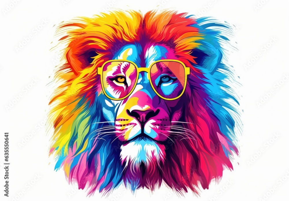 Colorful painting of lion. Digital art of multicolored leo on white background. Full muzzle view. Graffiti style. Printable design for t-shirts, mugs, cases, bags, pillows etc.