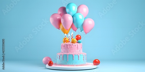 Colorful birthday cake on blue background with drip frosting, party hat, pink balloon, copy space