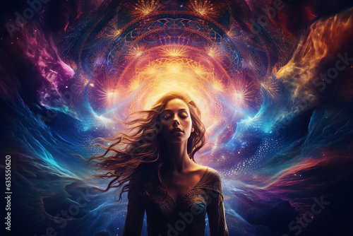 Picture of woman Astral body Psychedelic journey near death experience made by Generative AI
