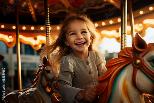 Generative AI illustration funny little kid visiting amusement park summer holidays joyfully smiling best day leisure