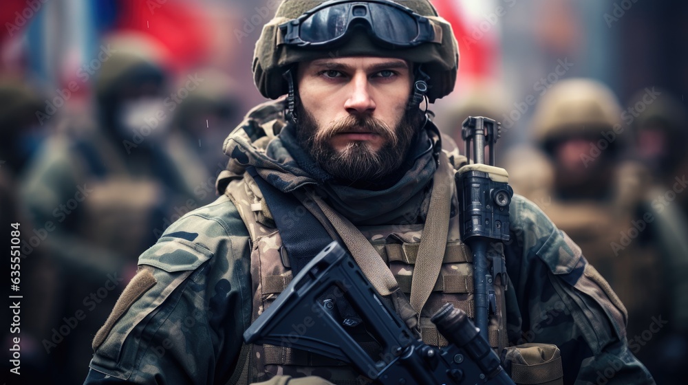 Soldier in Combat Uniforms with assault rifle created with Generative AI technology Soldier in Combat Uniforms with assault rifle created with Generative AI technology