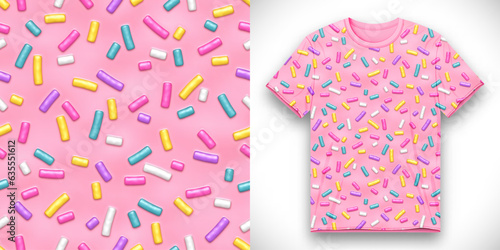 Funny fabric textile design for t-shirt with seamless pattern of pink donut glaze with many decorative colorful sprinkles. Front t-shirt mockup template design for sweet shop. Vector Illustration