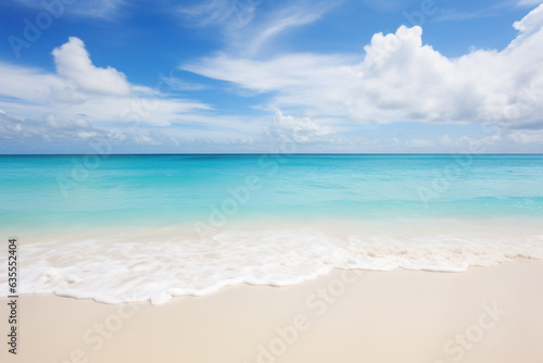 Tropical sea and sandy beach with blue sky and clouds.