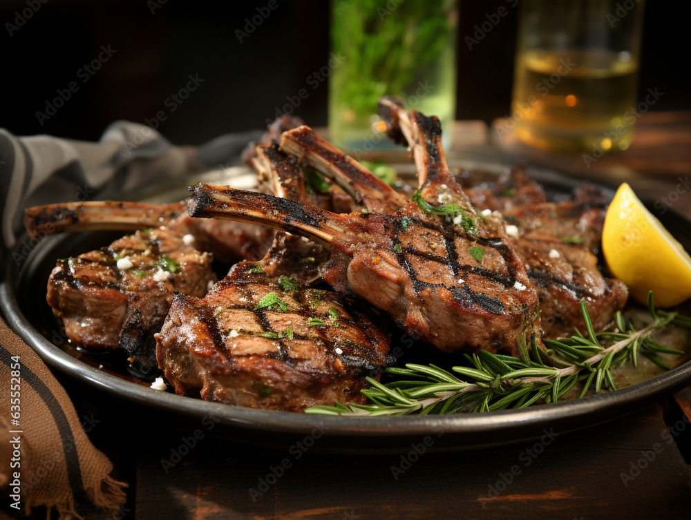 Juicy Greek lamb chops grilled to perfection. Smoke rising
