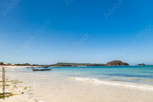Lombok  Indonesia  Beach ocean panoramic view landscape at Tanjung Ann beach area. Lombok is an island in West Nusa Tenggara province  Indonesia.
