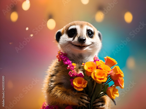 Smiling cute meerkat holding bouquet in colorful flower isolate warm background, Generative AI