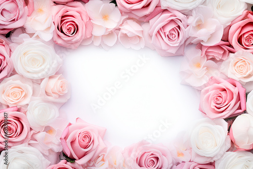 white and rose roses flowers and empty frame mockup.Copy space