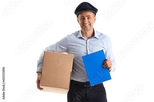 Mature postman with clipboard and parcel on white background