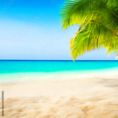 defocused tropical sand beach with blurred water wave and fresh green palm leaves in forground  beautiful nature background concept with copy space for travel relaxation vacation