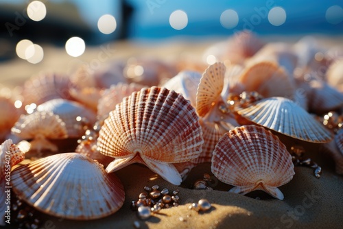 Whispers of the Ocean: A Detailed Study of Seashells in Close-Up on the Serene Canvas of a Sandy Beach