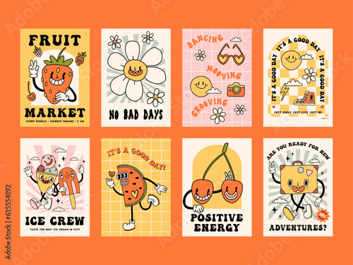 Big funny retro summer poster collection print. Groovy bright character mascot and elements. Cartoon hippie 70s poster with lettering. Vector logo card in trendy retro style. Rays and chess background