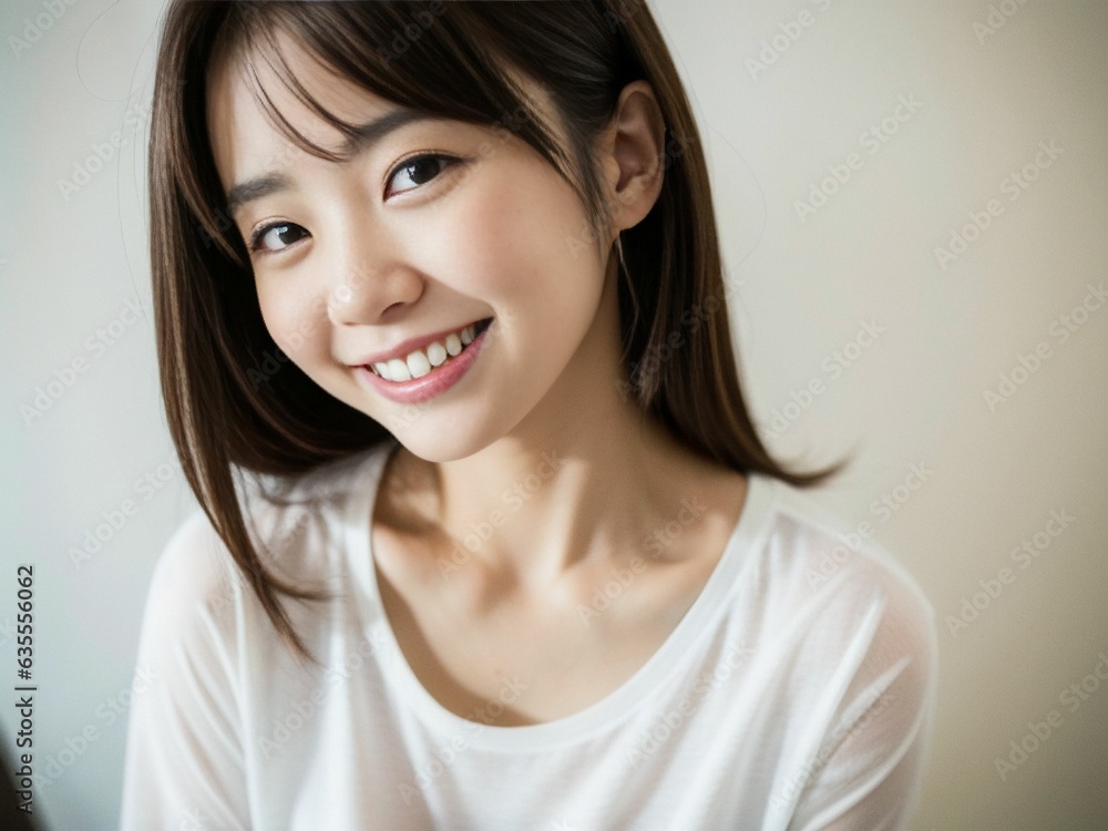 Portrait of a Beautiful Asian Japanese Girl 19-25 years old in white t-shirt , looks at the camera on White Background. generative AI Portrait of a Beautiful Asian Japanese Girl 19-25 years old in white t-shirt , looks at the camera on White Background. generative AI