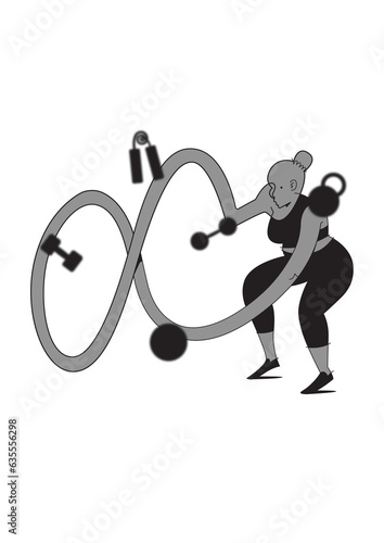 Illustration of a woman doing a battle ropes workout in the gym surrounded by gym equipment (ID: 635556298)