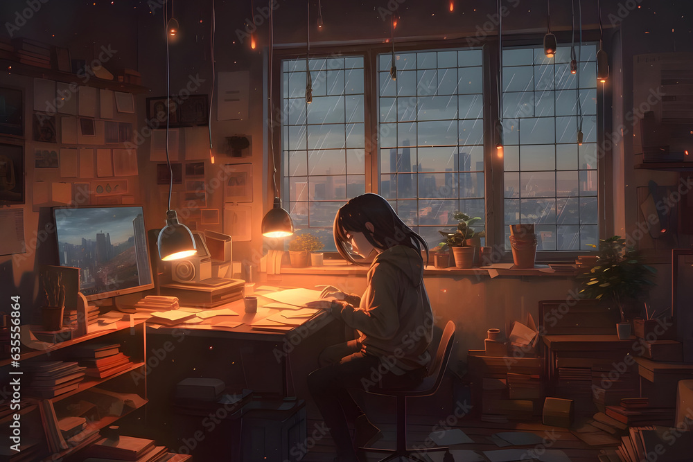 Cool Lofi girlstudying at her desk Rainy or cloudy outside beautiful chill atmospheric wallpaper 4K streaming background lofi hiphop style Anime manga style	