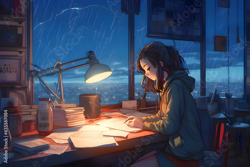 Cool Lofi girl studying at her desk Rainy or cloudy outside beautiful chill atmospheric wallpaper 4K streaming background lofi hiphop style Anime manga style	
