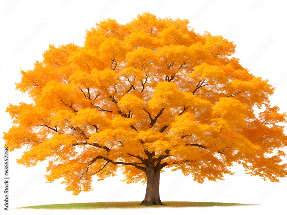 Un árbol de roble con las hojas anaranjada sobre un fondo blanco aislado. Vista de frente y de cerca. Copy space. IA Generativa