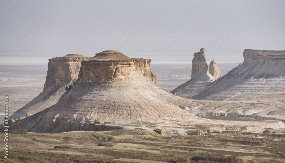 Panorama of hills and ridges with limestone and chalk slopes in the Kazakh steppe, relief folds in the desert tract of Boszhira - obrazy, fototapety, plakaty 
