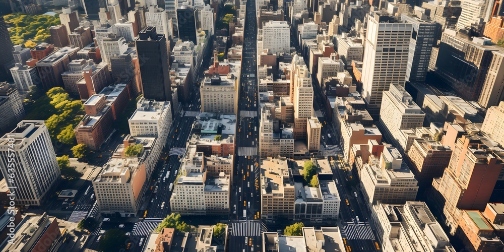 Fototapeta premium eye view image of a bustling cityscape New York city from above, providing a unique perspective on daily life, Sony A7, 35 mm lens, F22, Kodak Ektar 100, photorealistic, detail