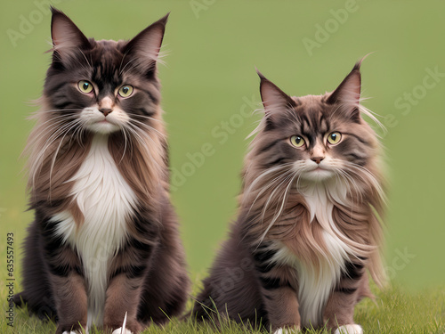 Dos gatos de pelo largo sentados al aire libre sobre el césped. Vista de frente y de cerca. Copy space. IA Generativa © Mercedes Fittipaldi