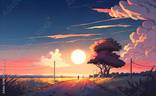 Illustration sunset over the mountains in anime style wallpaper 