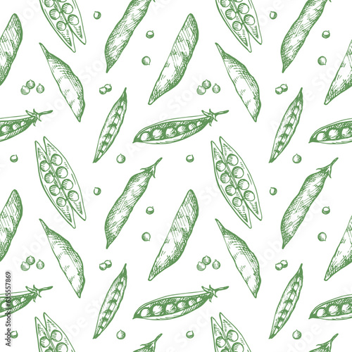 Pea plants seamless pattern. Background with peas and grains drawing. Hand drawn decorative ornament for packaging design, label, print, backdrop, card, template. Vector illustration design element